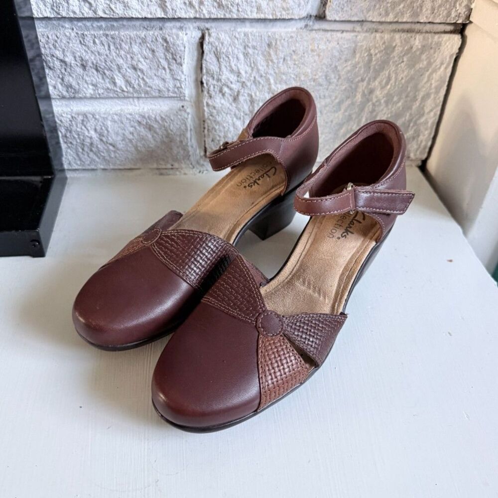 Clarks Collection Leather Mary-Jane Pumps Emily Rae Brown Retro 40s Size 7M
